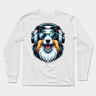 Bearded Collie Smiling DJ with Stylish Headphones Long Sleeve T-Shirt